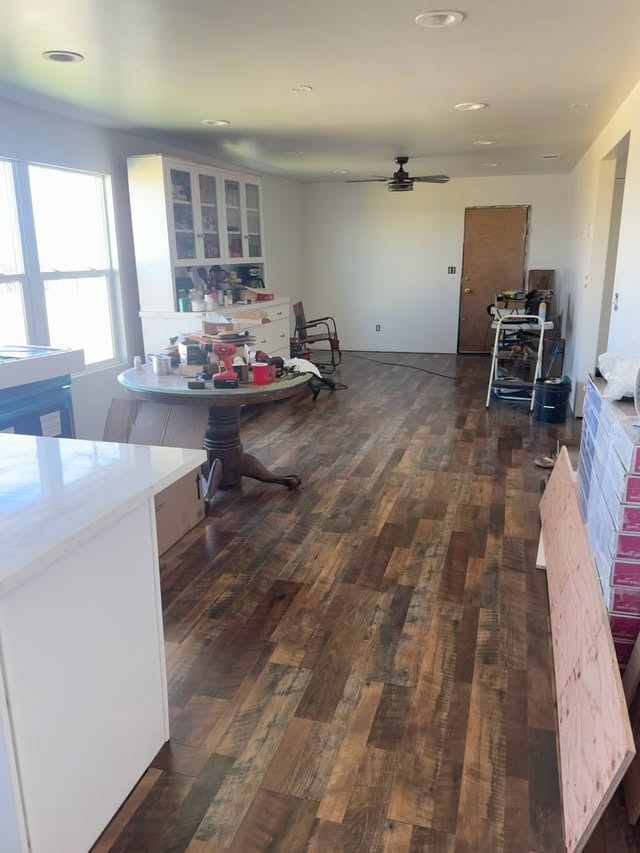Open interior remodel with new hardwood floors and finish work